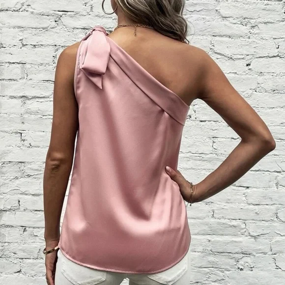 Satin silky one shoulder bow blouse tank top light pink - Picture 3 of 11